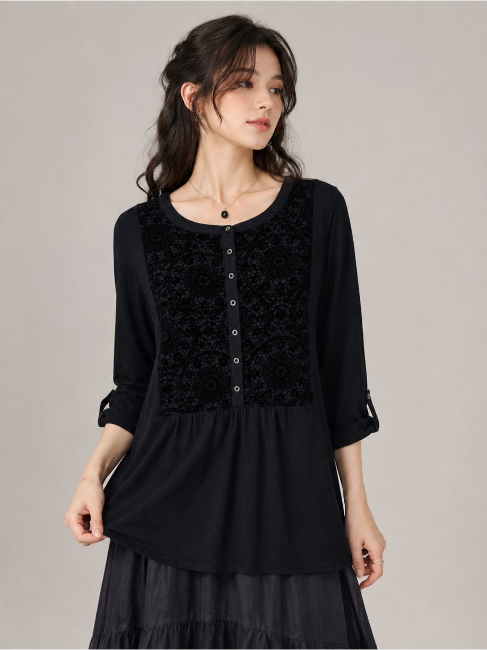 Burnout Velvet Black Tunic Top Womens L Westport 1962 Whimsigoth Halloween Fall